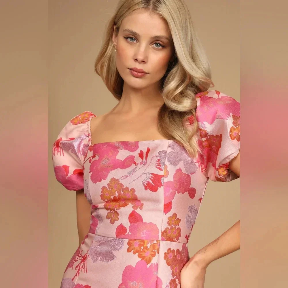 Lulus So Stunning Orange Multi Floral Jacquard Puff Sleeve Mini Dress Party - Picture 4 of 9